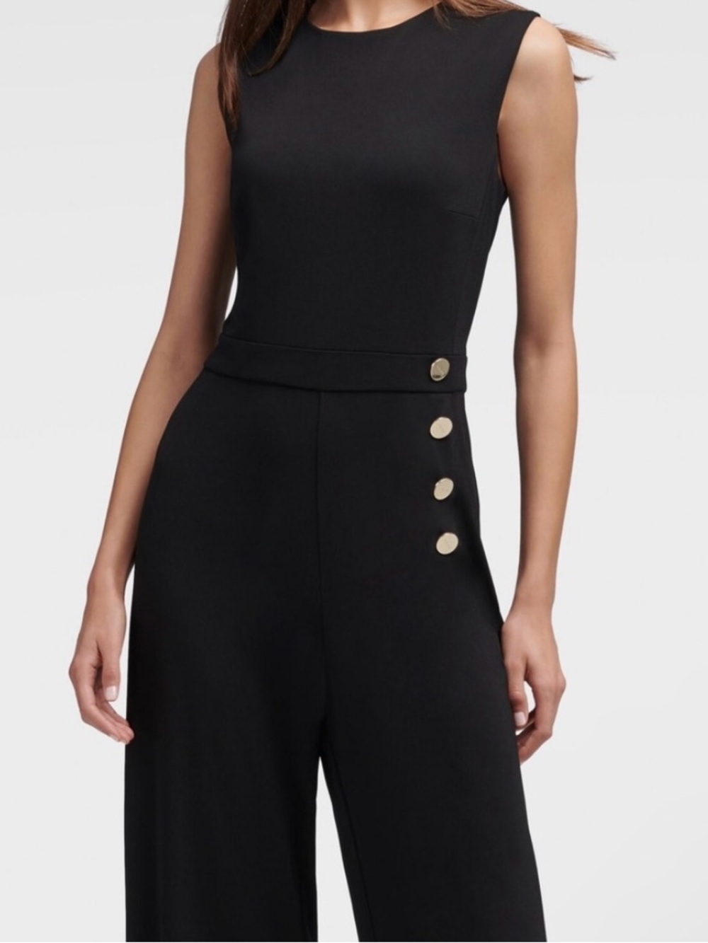DKNY Black Sleeveless Wide-Leg Jumpsuit with Gold Button Detail -Size 6 - Picture 2 of 9